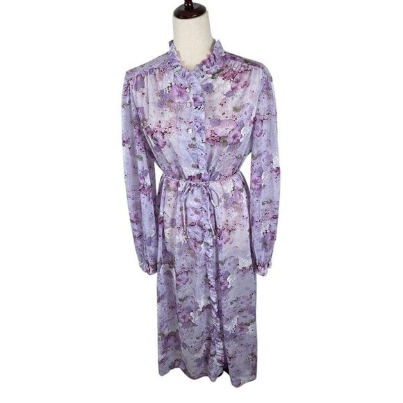 Vintage Floral High Neck Ruffle Front Dress Women’s *M Long Sleeve Boho Maxi - Picture 1 of 10